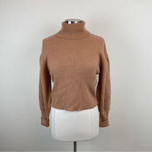 Nasty Gal Collection Solid Brown Ribbed Knit Turtleneck Bubble Sleeve Sweater